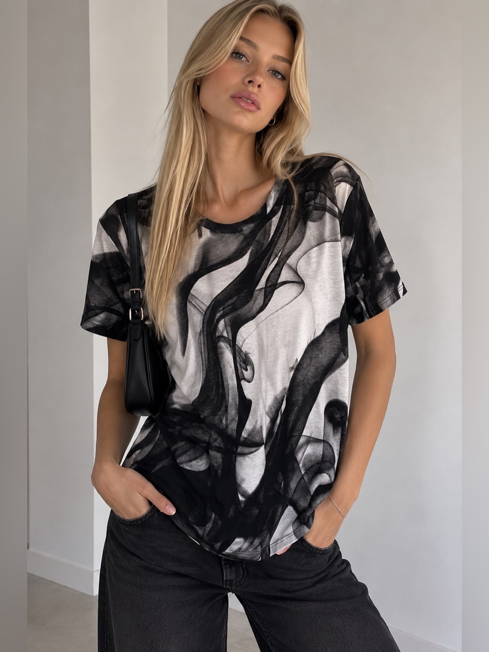 Maje H14GLACIAL Black & White Abstract Print Cotton T-Shirt